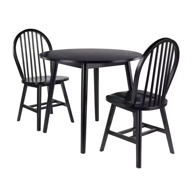 3pc Moreno Dining Table Set Black - Winsome: Glossy Wood, Round Drop Leaf, Transitional Style, Seats 4, Tapered Legs