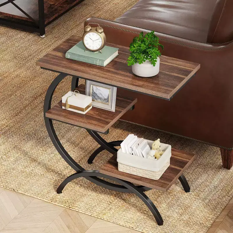 Lantine Industrial 3-Tier C-Shaped Side End Table for Living Room
