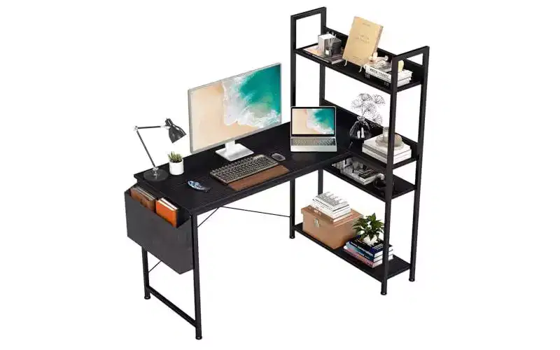 Modern Reversible L-shaped Computer Desk with Standing Adjustable Bookshelf, Teens Student Storage Writing Desk for Study, Office