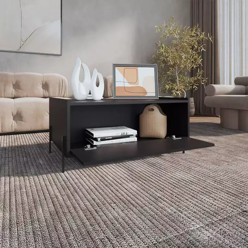 Okak 15 High Minimalistic Rectangle Coffee Tables with Pull Down Cabinet and Open Shelf for Living Room/Office, Space-Saving