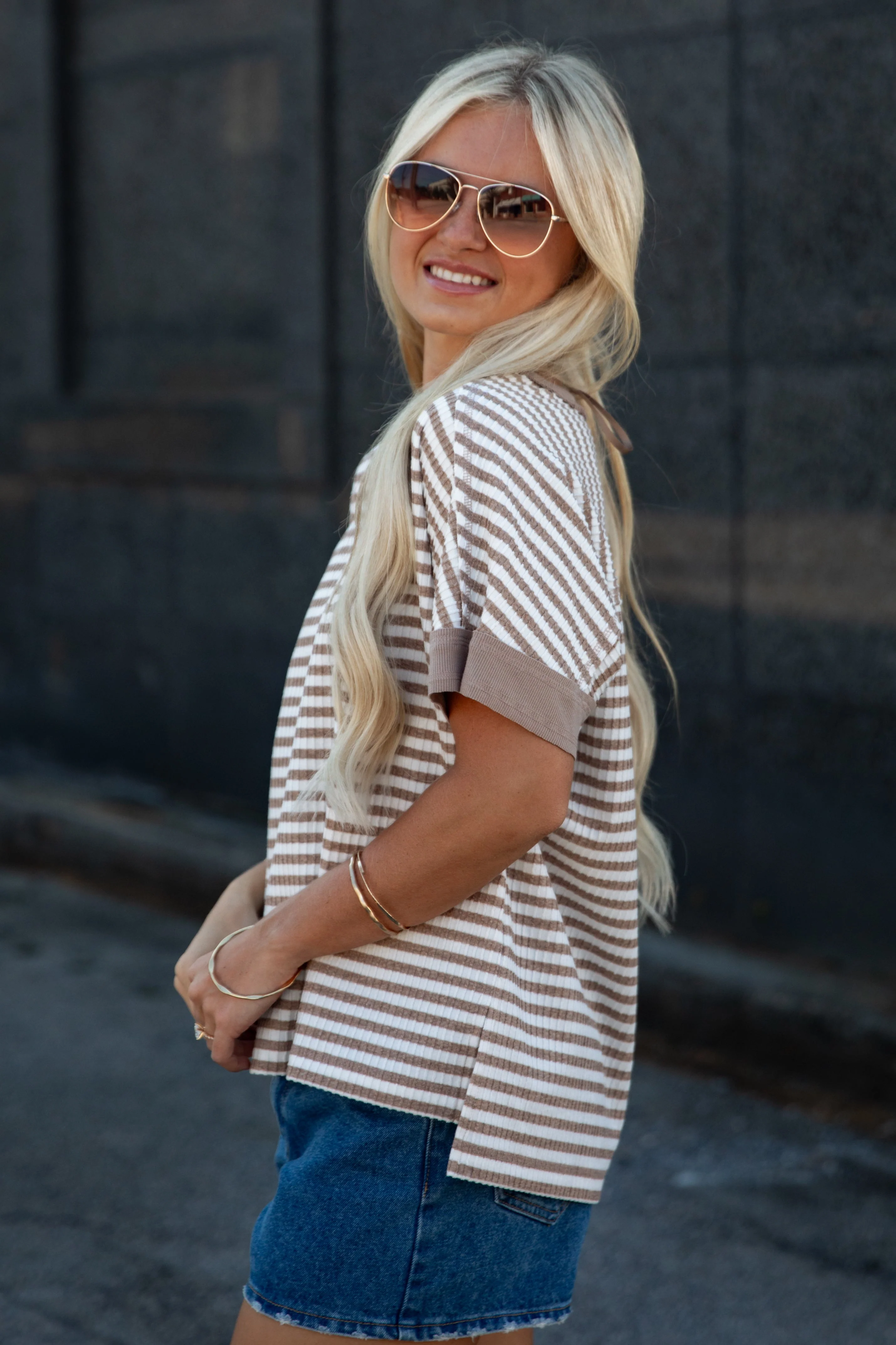 Taupe Stripe Oversized Short Sleeve Top
