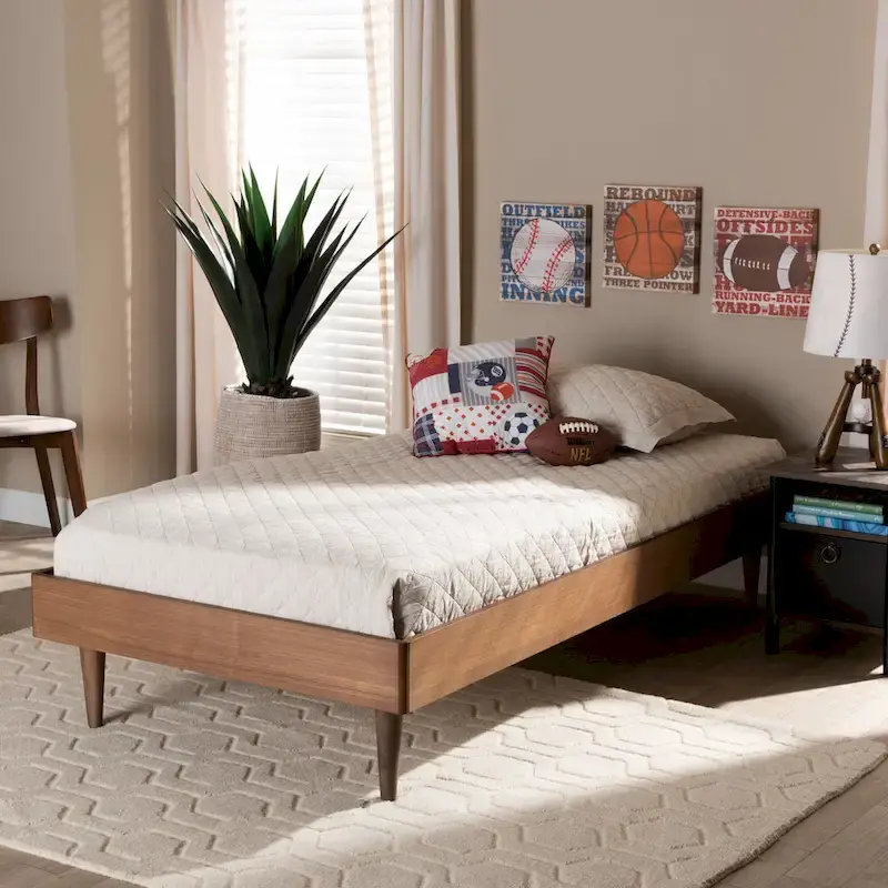 Ash Walnut Twin Platform Bed Frame, Mid-Century Style, 1-Person