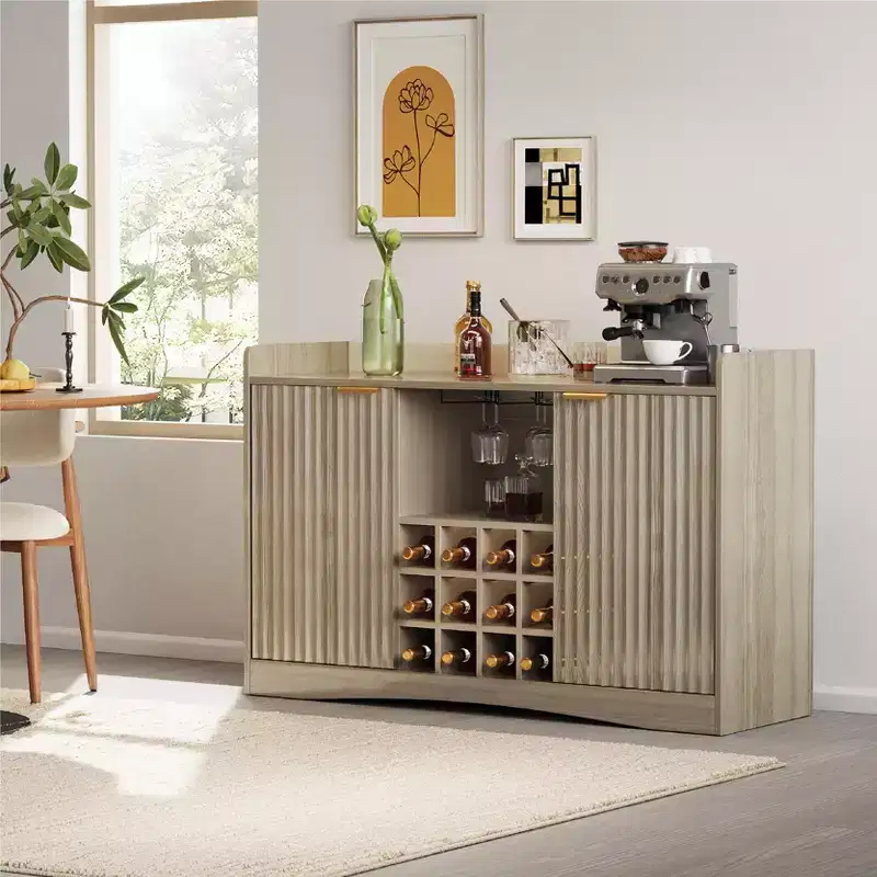 47W Modern Wine Bar Cabinet, Freestanding Coffee Bar Cabinet with 9 Glass Holders & 12 Wine Racks, Wooden Sideboard Buffet Cabinet, Brown