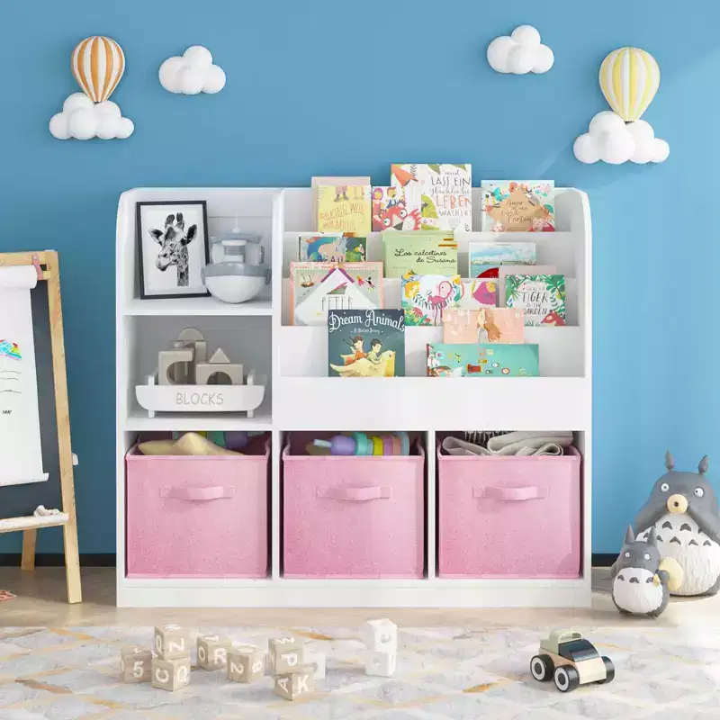 MAYEERTY Bookshelf and Bookcase, Multifunctional Bookcase with 3 Collapsible Fabric Drawers, Bookcase Display Stand for Bedroom Playroom White Pink