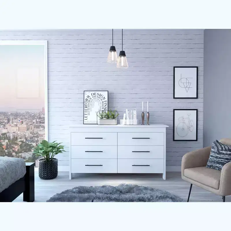 Okak Modern 6 Drawer Double Dresser, 31.7 Tall Storage Cabinet with Metal Gliders & Elevated Base,Bedroom Dresser for Clothes Organization