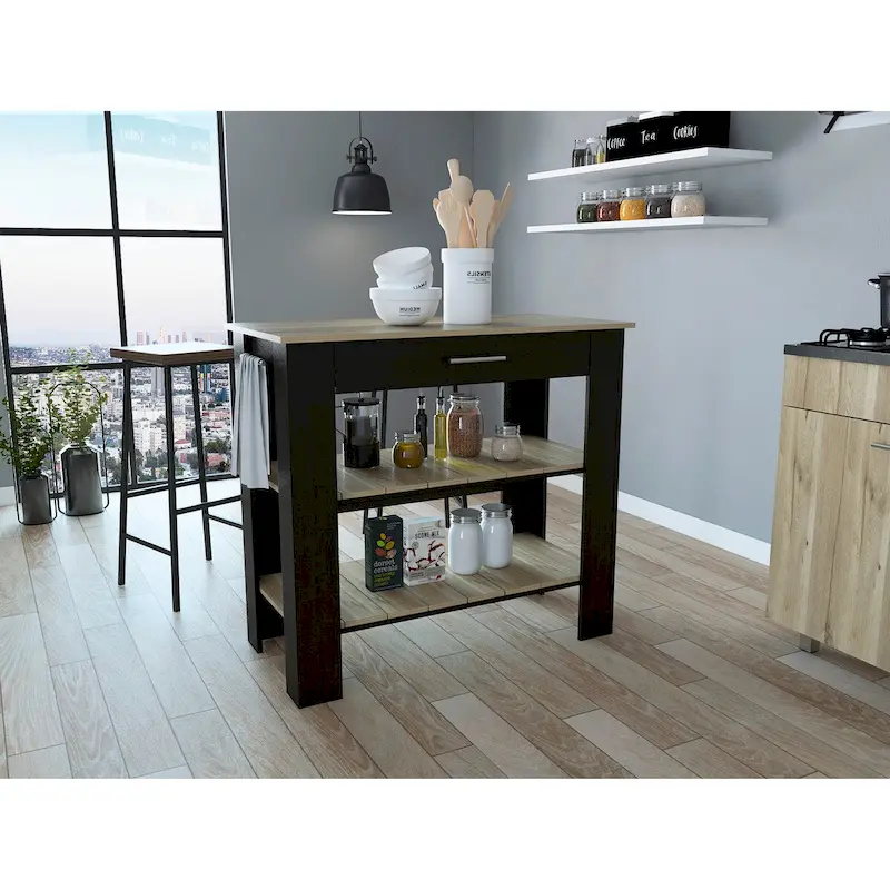 Rockaway 1-Drawer 2-Shelf Kitchen Island Black Wengue and Light Oak