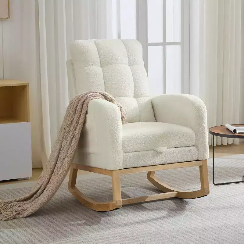 Modern Nursery Rocking Chair, Comfortable Rocker Recliner with Side Pocket, Footrest, Mid Century Upholstered Rocker Glider for Living Room, Bedroom
