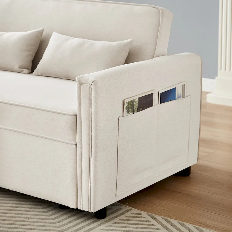 Modern Linen Convertible Loveseat Sleeper Sofa Couch with Adjustable Backrest, Pull-Out Bed and 2 Lumbar Pillows