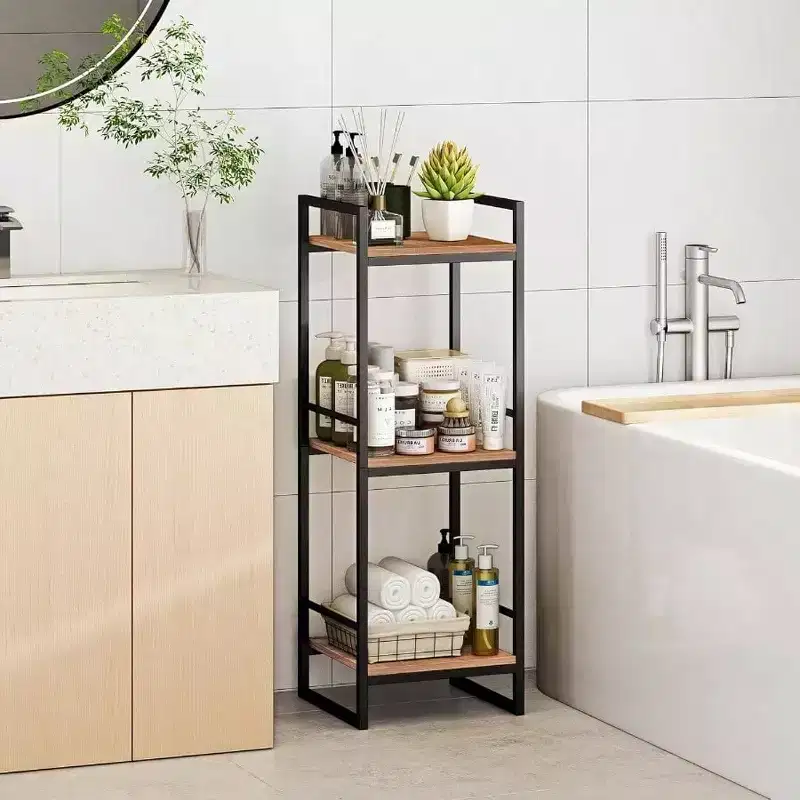3 Tier Bathroom Storage Open Shelf Freestanding Metal Corner Rack Rustic Brown for Bathroom Kitchen Living Room Hallway