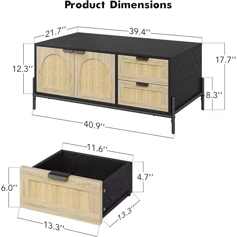 Mid-Century Modern Black & Oak Coffee Table with Rattan Doors, LED Lights, 2 Drawers & Storage Cabinet, Rectangular Living Room Table