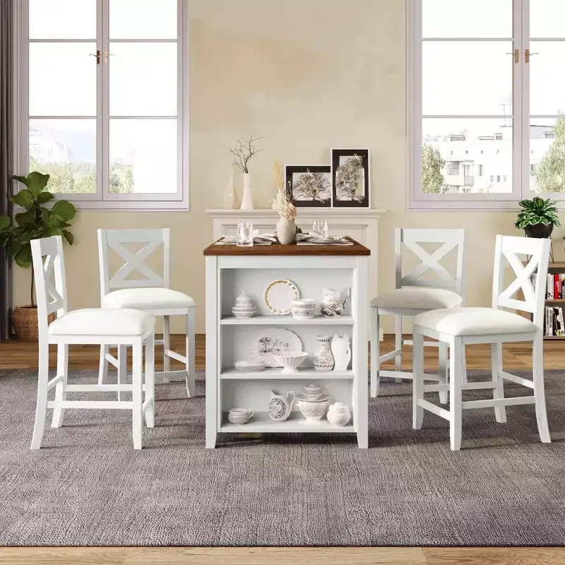 5-Piece Counter Height Dining Table Set, Rustic Farmhouse Wooden Bar Table Set with 4 Upholstered Chairs, Table Chairs Set for Kitchen