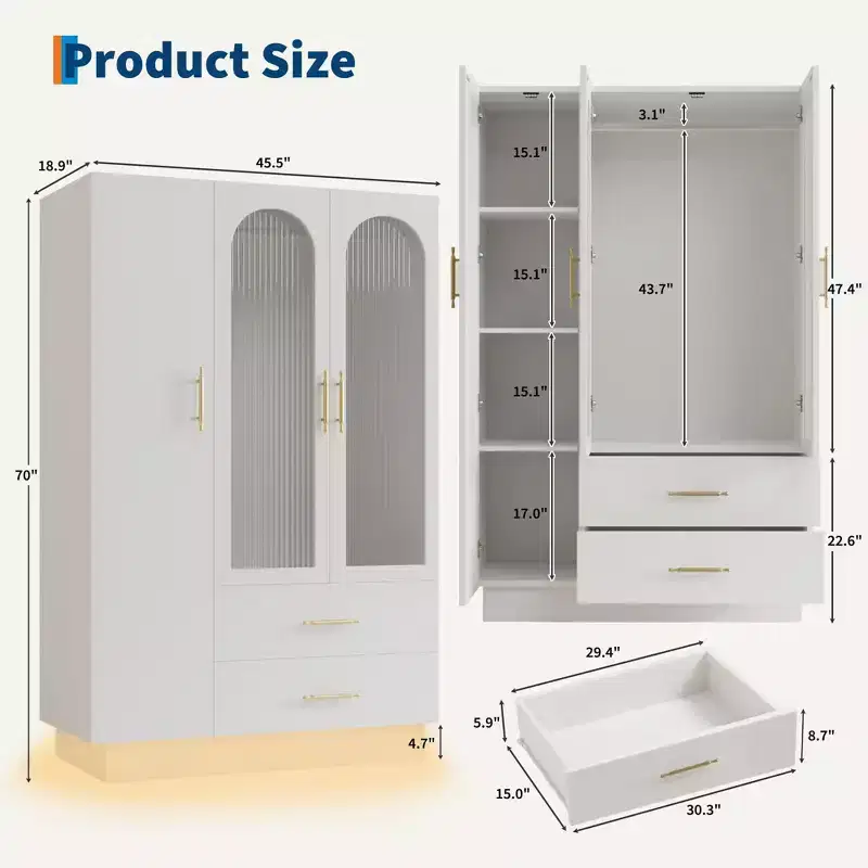 Acekool Modern 3-Door Storage Cabinet with Glass Doors, Hanging Rods & Drawers, Tall White Armoire for Bedroom and Living Room