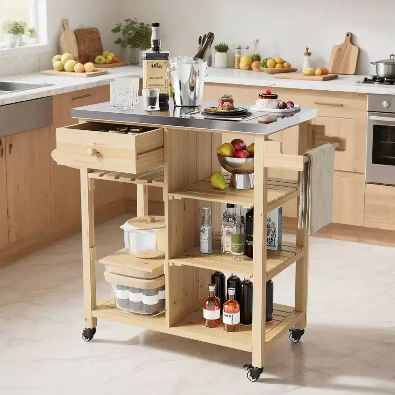 Outdoor Grill Cart for Patio, Garden  Sturdy Wood Frame, Stainless Steel Top, Storage Drawer, Open Shelves, Rolling Kitchen Island with Towel Racks