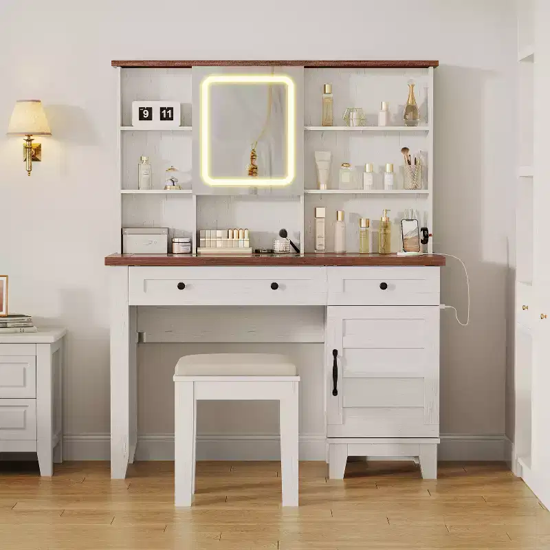 Makeup Vanity Desk,Makeup Vanity with Mirror and Lights & Power Outlet, Makeup Table with 2 Drawers, Cushioned Stool, Dressing Table with Glass Top
