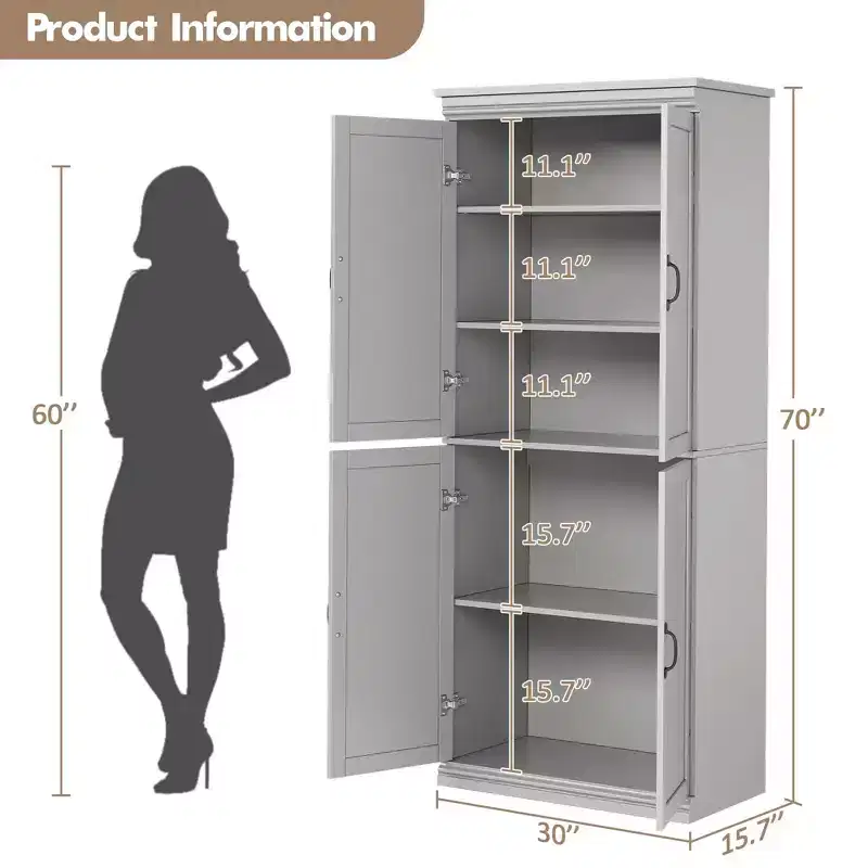 Pantry Cabinet,70 Tall Kitchen Pantry Cabinets with 2 Doors and 3 Adjustable Shelves, Freestanding Cupboard, Modern Storage Cabinet for Bathroom