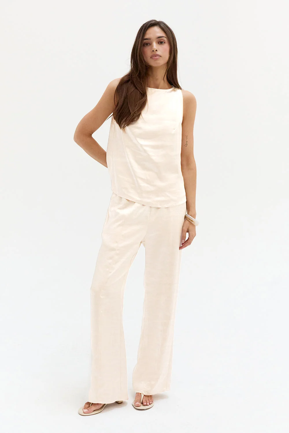 Satin Pull On Pants Relaxed Straight Leg Elastic Waist Women
