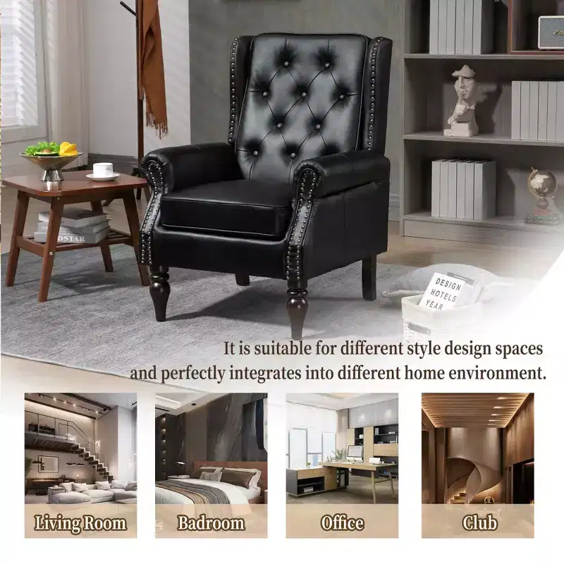 Wood Frame Armchair, Sturdy Wood Legs, Living Room Bedroom, Black PU