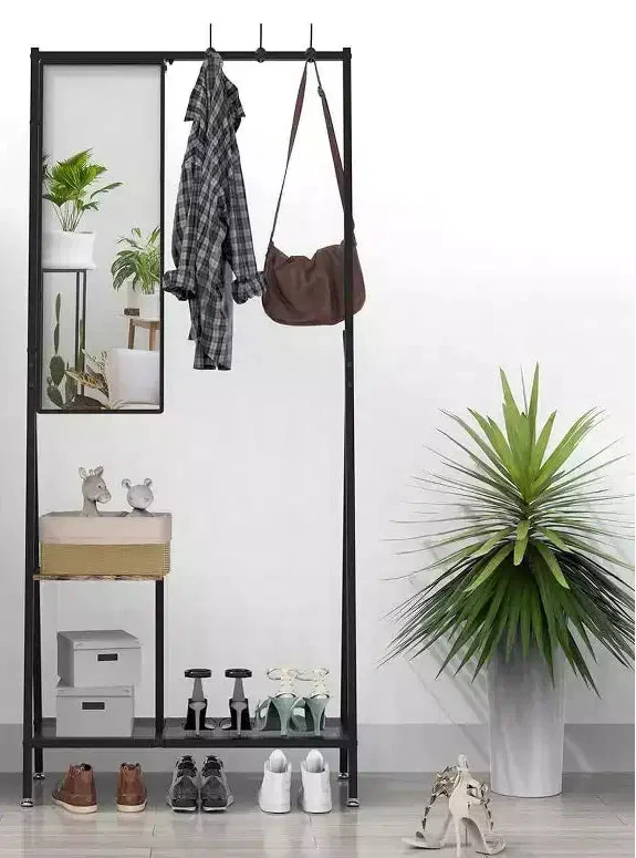 Modern Aluminum Entryway Set, 73-Inch Hall Tree with Mirror & Bench, Shoe Storage Shelves, Black/Brown Combo for Living Spaces