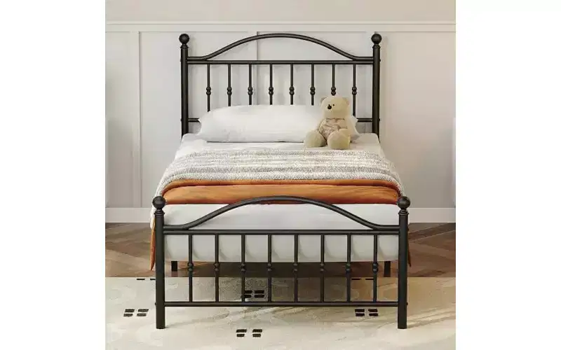 Metal Platform Bed, Victorian Wrought Iron Headboard, Under Bed Storage, Noise Free, No Box Spring, Black