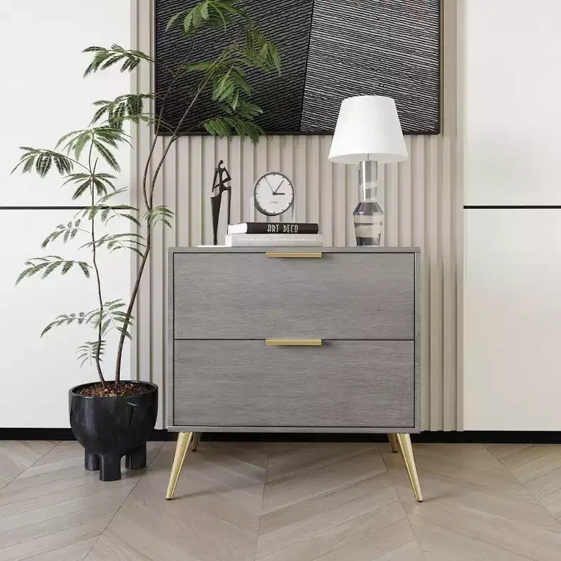 2-Drawer Nightstand with Gold Legs and Handles, Solid Wood