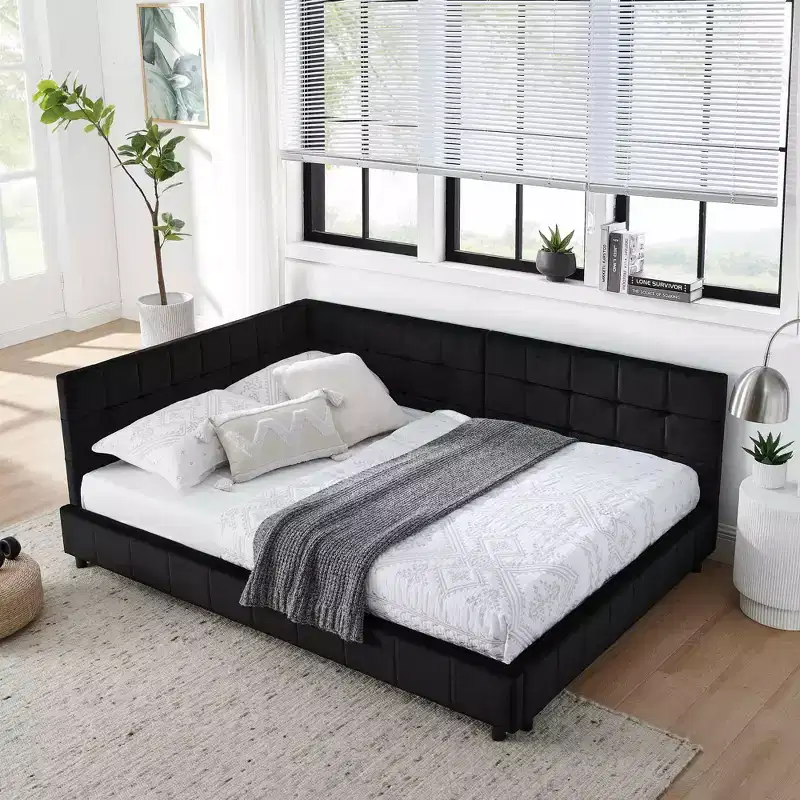 MAYEERTY Full Size Upholstered Tufted Bed Frame with Comfirtable Backrest and Armrests for Bedroom Living Room Black