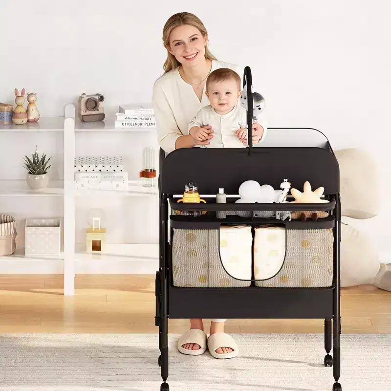 Folding Baby Changing Table Portable with Waterproof Pad,Adjustable Height Station with Storage Drawers, Mobile Nursery Organizer for Newborn&Infant