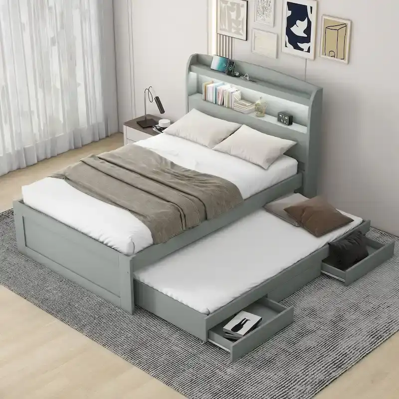 Pine & MDF  Platform Bed with LED Headboard, Trundle & 2 Drawers