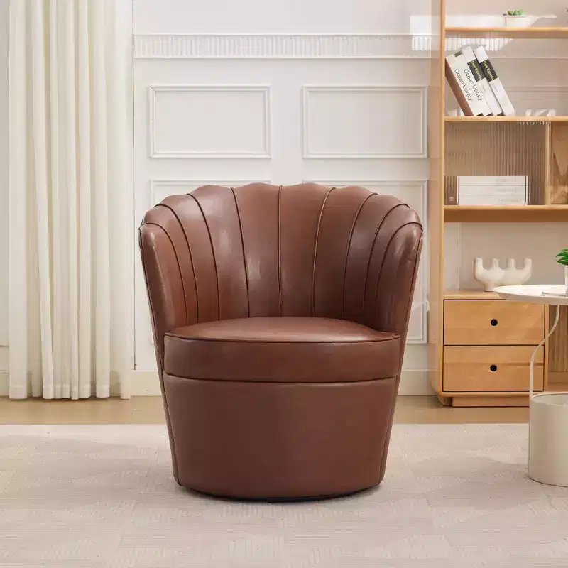 TUYOHW Petal Swivel Chair,Accent Chair with Rotating Metal Base,Curved Fluted,Genuine Leather Wingback Desk Chair for Office,Living Room