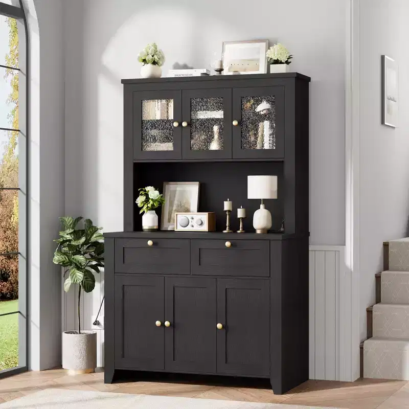66 Tall Pantry Cabinet with LED Lights, Charging Station, Storage Drawers and Adjustable Shelves for Dining Room, Living Room