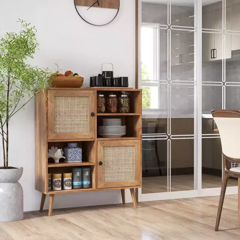 Costway Rattan Buffet Sideboard Accent Storage Cabinet Coffee Bar Cabinet Doors Cubbies