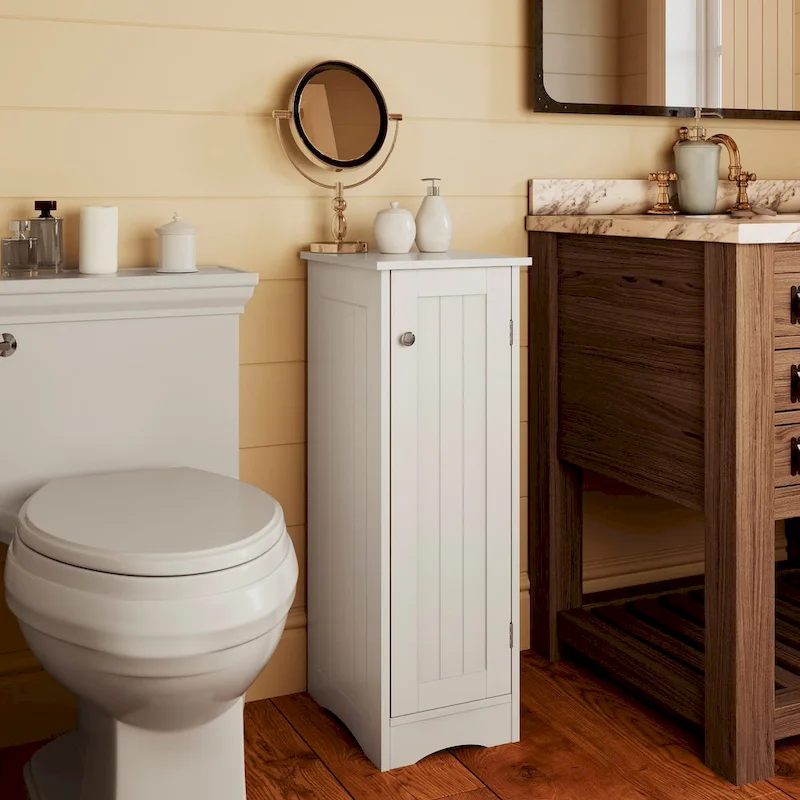 Single Door Narrow Bathroom Storage Cabinet with Adjustable Shelves - White