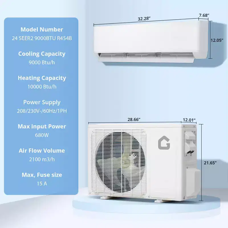Mini Split Air Conditioner Heat Pump, 9000 BTU Mini Split AC 24 SEER2 Cools Up to 450 Sq.Ft, Wifi-Enabled Ductless Inverter AC Unit,208/230V