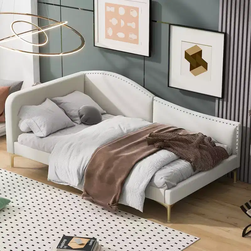 Twin/Full Size Linen Upholstered Daybed with Headboard and Armrest, Support Legs - HABITRIO