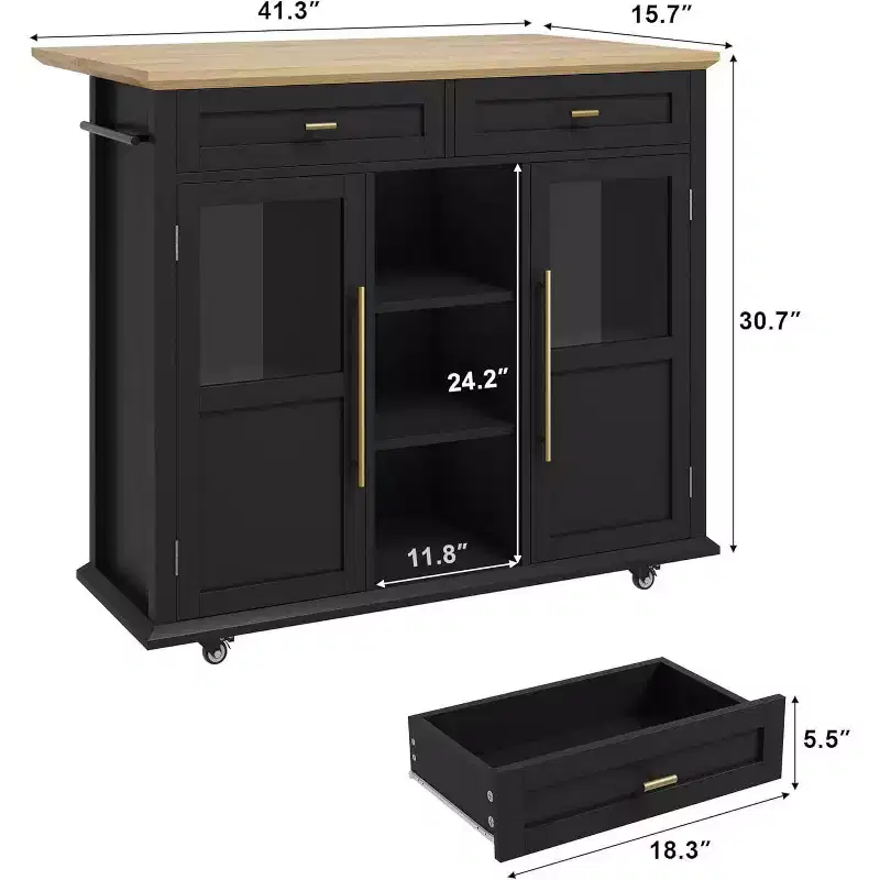 41'' Mobile Farmhouse Kitchen Island with Drop Leaf, Glass Door Cabinets, Open Shelves, 2 Drawers, Towel Bar, Black/Wood