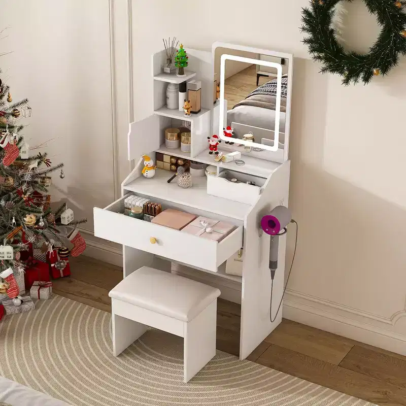 Okak Compact Vanity with 3-Color Adjustable Mirror, Vanity Table with 2 Drawers and 5 Shelves, Makeup Table with Stool for Bedroom, White