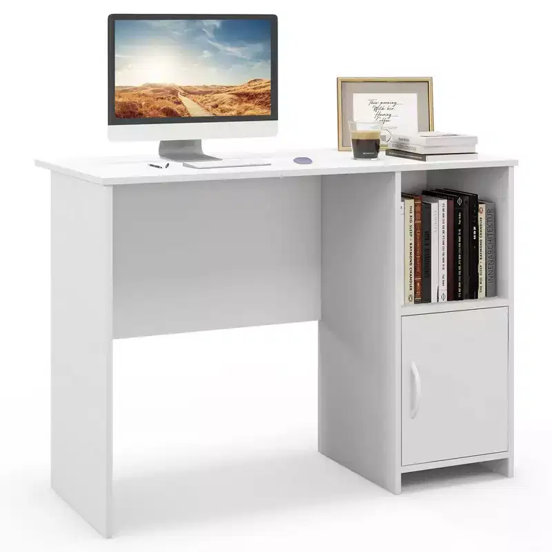Costway Modern Computer Desk with Cabinet Cable Holes & Open Shelf Storage for Home Office