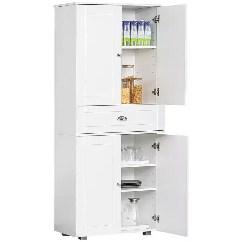 HOMCOM 72 Freestanding Kitchen Pantry Cabinet with 2 Large Double Door Cabinets and 1 Center Drawer, White