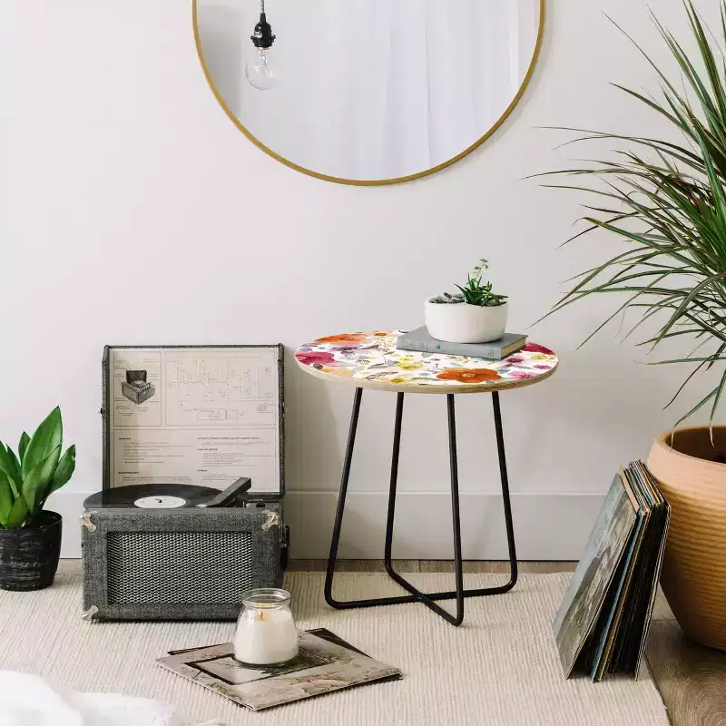 Round Countryside Red Side Table Red/Black - : Small Bedroom Accent Table, Stain-Resistant