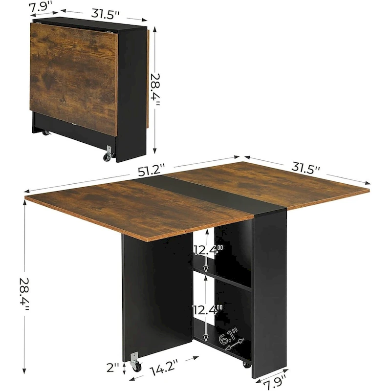 Folding Dining Table with 6 Wheels Drop Leaf Tables