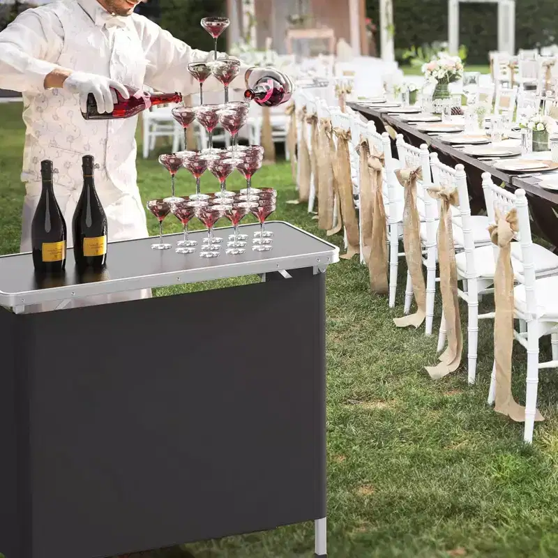 VINGLI Portable Bar Table, 2-Tier Shelves, Mobile Bar Table for Events, Party, Camping, Picnic, Tradeshow, Indoor with Black Skirt, 39 L x 34 H