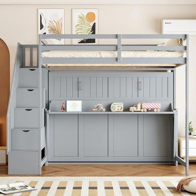 Gray Full-over-Full Murphy Bunk Bed with Desk & Storage Stairs, Sleeps 2