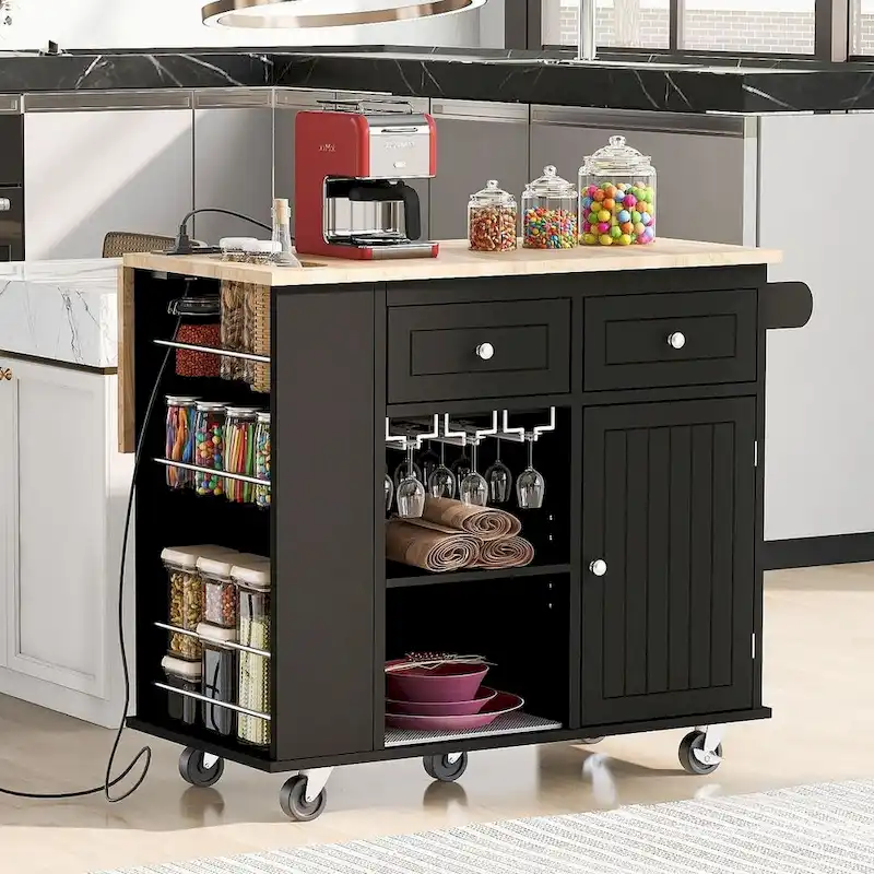 Kitchen Island Cart with Wheels ,Power Outlet, Drop Leaf, Wine Rack