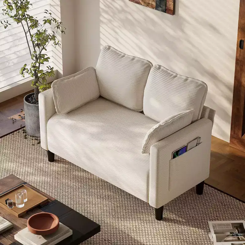 Okak Modern Small Soft Corduroy Loveseat Sofa with Pillows & Side Pockets,Solid Wood Frame Futon Couch for Living Room,Dorm