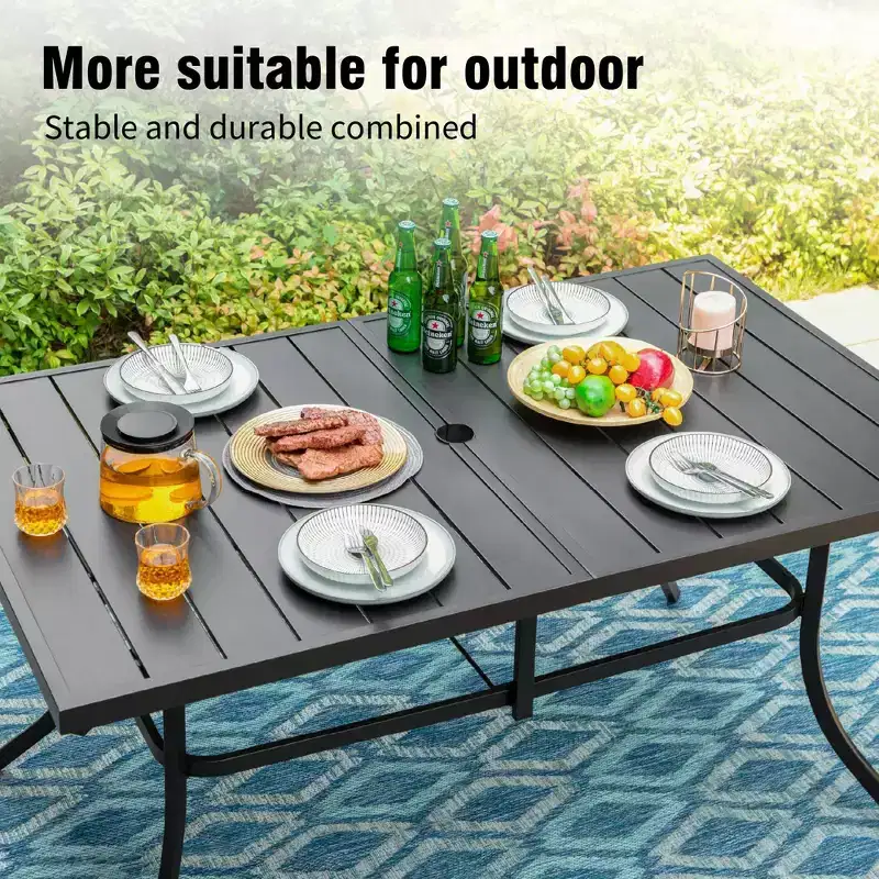 Captiva Designs 8pc Outdoor Dining Rectangle Steel Table & Padded Sling Armchairs & Market Umbrella