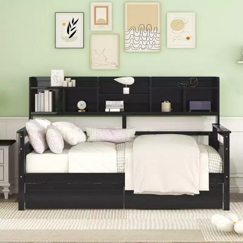 CLIHOME Twin Size Daybed, Wood Slat Support, Bed Frame with Bedside Shelves and Two Drawers