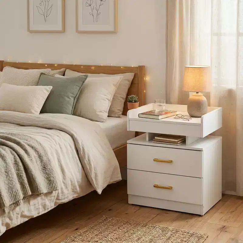 Nightstand with LED Lights & USB Charging, Floating Design Bedside Table with 2 Drawers