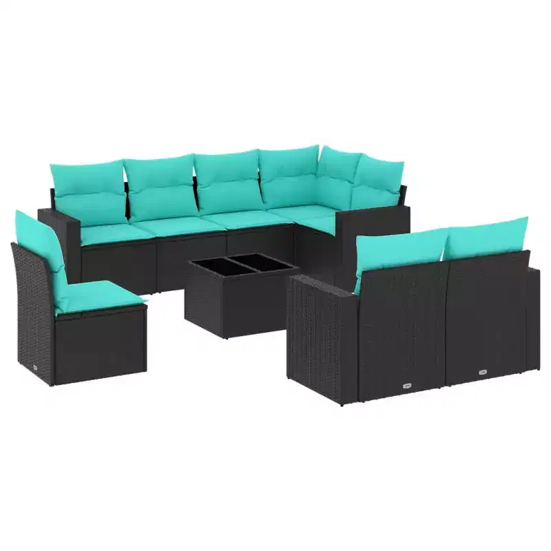 9 Piece Patio Sofa Set with Cushions Black Poly Rattan