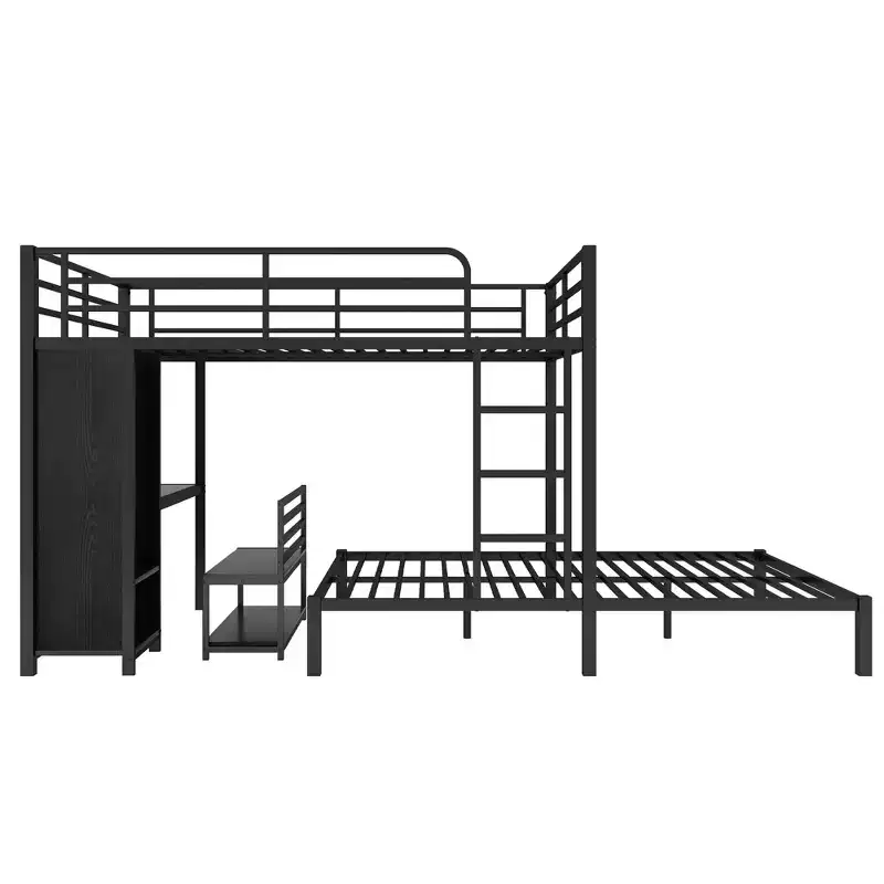Queen Size Loft Bed with Desk, Wardrobe and Storage Drawer