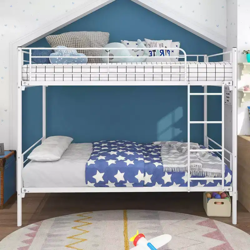 Okak Moedern Twin over Twin Bunk Bed, Kids Bunk Beds with Metal Frame and Build-In Ladder, Space-Saving Bunk Bed for Bedroom