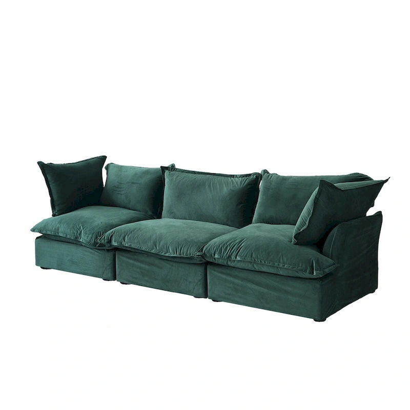 3-Seater Velvet Cloud Sectional Sofa, Down Feather Wide Deep Seat Modular Couch